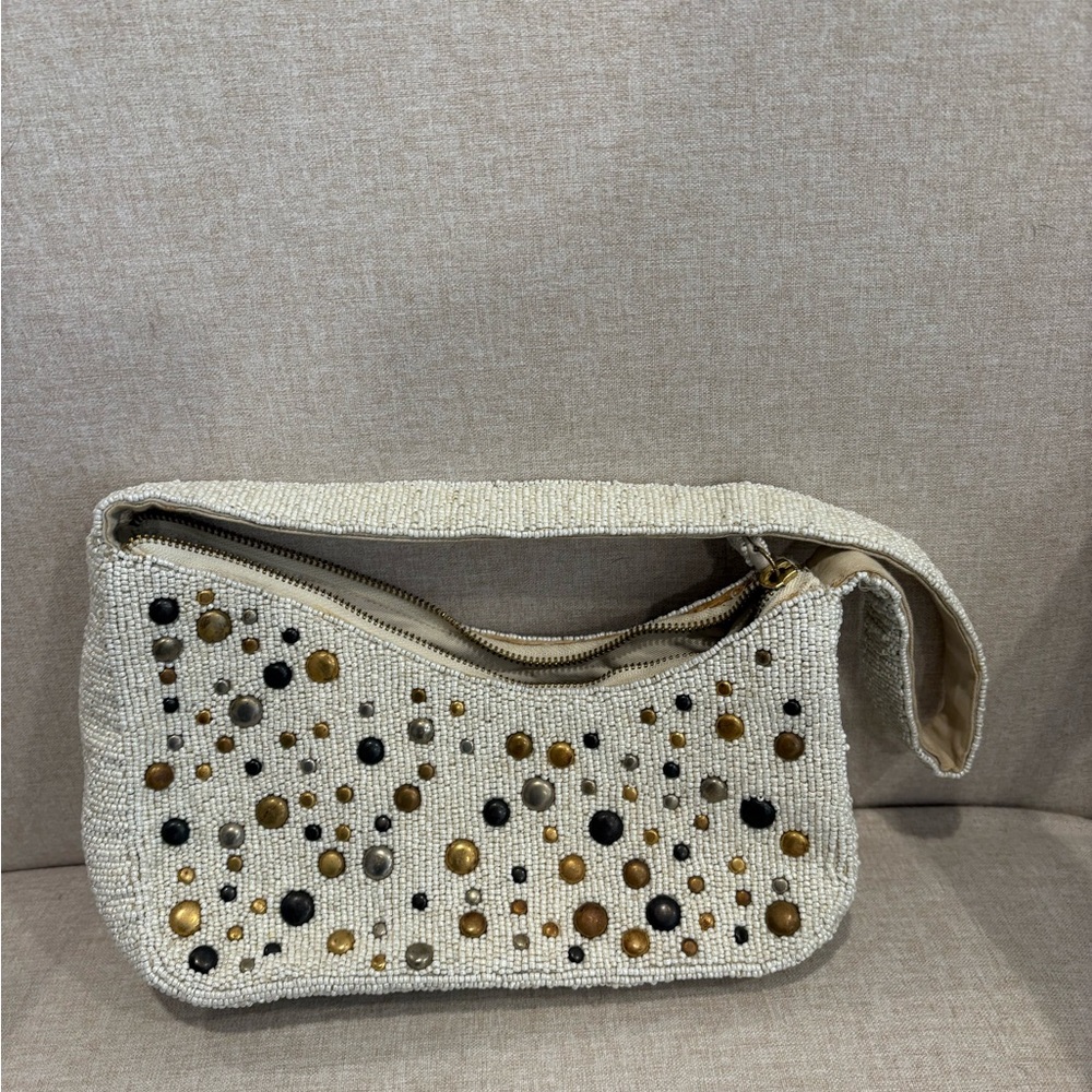 Asymmetric Beaded Shoulder Bag Gold and Black Accents - Picture 3 of 11